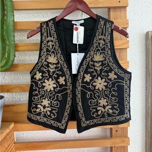 Embroidered Black Vest with Gold Floral Detailing